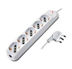 Multipresa con interruttore, 5 prese 10/16A shucko/bipasso, spina 90°, cavo 1,5 metri