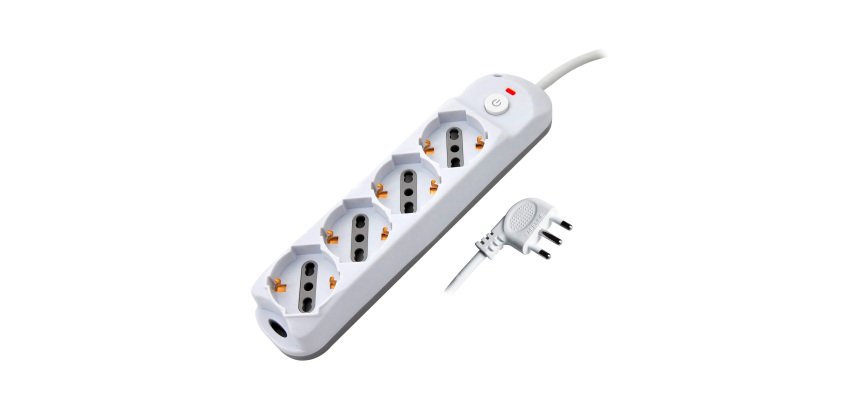 Multipresa con interruttore, 4 prese 10/16A shucko/bipasso, spina 90°, cavo 1,5 metri