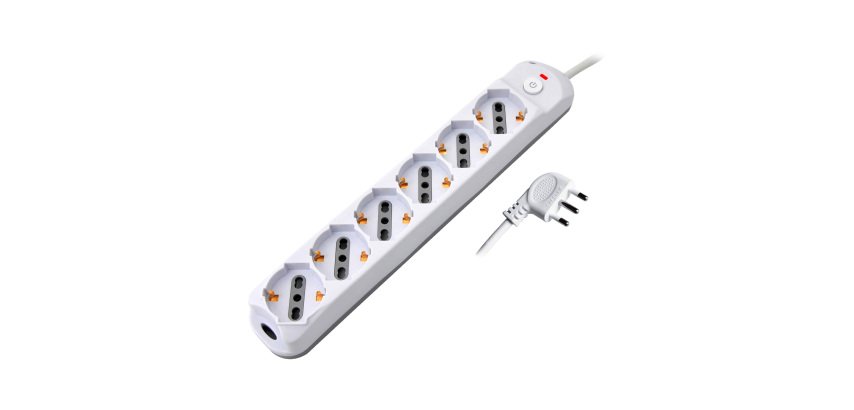 Multipresa con interruttore, 6 prese 10/16A shucko/bipasso, spina 90°, cavo 3 metri