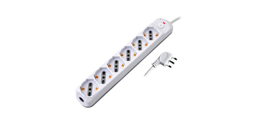 Multipresa con interruttore, 6 prese 10/16A shucko/bipasso, spina 90°, cavo 3 metri