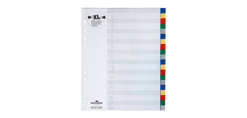 Intercalaire A4 polypropylène coloré Durable 20 onglets neutres multicolores - 1 jeu