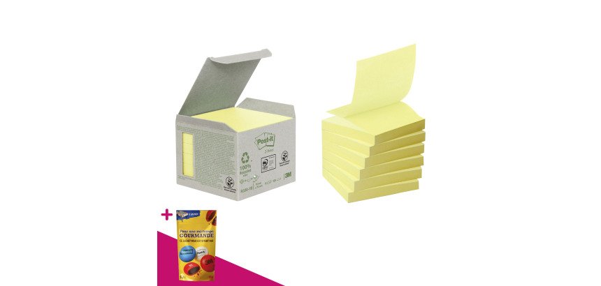 Z-notes repositionnables recyclés jaunes Post-it 76 x 76 mm - bloc de 100 feuilles = Pour l'achat 12 notes repositionnables, 1 sachet de M&M OFFERT