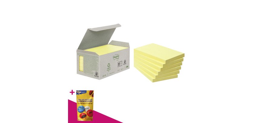 Notes repositionnables jaunes recyclées Post-It - en tour distributrice - bloc de 100 feuilles = Pour l'achat 6 notes repositionnables, 1 sachet de M&M OFFERT