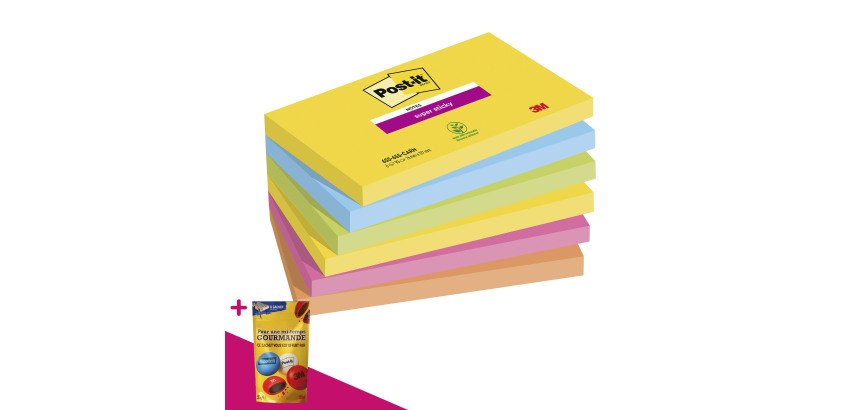 Notes repositionnables couleurs Carnival Super Sticky Post-it - bloc de 90 feuilles = Pour l'achat 12 notes repositionnables, 1 sachet de M&M OFFERT