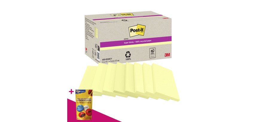 Notes repositionnables recyclées jaunes pastel Super Sticky Post-it - bloc de 70 feuilles = Pour l'achat notes repositionnables, 1 sachet de M&M OFFERT