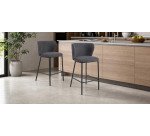 Tabouret Ciselia en chenille gris foncé et pieds en acier peint noir hauteur 65 cm