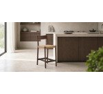 Tabouret Yalia dossier en bois de chêne finition noyer et assise en corde 65 cm