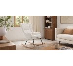 Fauteuil à bascule Maustin en bouclette blanc et structure en acier noir et bois de hêtre
