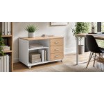 Mobile basso con ruote intuitiv' strtuttura di colore bianco 3 cassetti e top rovere