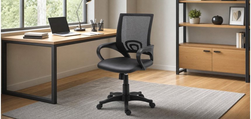 Sedia operativa Spring con seduta in tessuto effetto pelle di colore nero braccioli fissi base nera