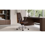 Chaise de bureau ergonomique MOON WOOD simili cuir, placage bois noyer clair, mécanisme synchrone, accoudoirs fixes, pieds en aluminium