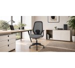Bürostuhl- Ergo529, schwarzes Netzrückenlehne, grauer Stoffbezug, pyramidenförmiges Gestell, Nylonrollen