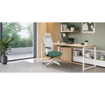 Chaise de bureau ergonomique NICO tissu et maille, avec accoudoirs 3D, appuie-tête, mécanisme synchrone + réglage profondeur d'assise, pieds blancs