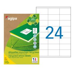 Etiquette adresse jet d'encre et laser recyclée 70 x 35 mm Agipa 101186 blanche - Boîte de 2400