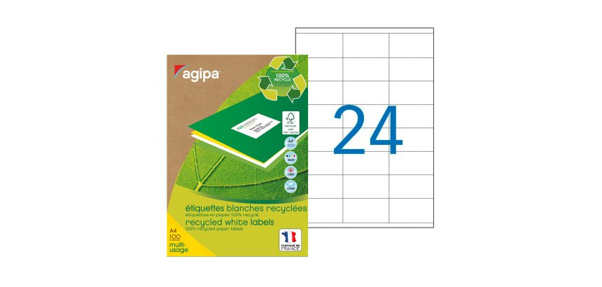 Etiquette adresse jet d'encre et laser recyclée 70 x 35 mm Agipa 101186 blanche - Boîte de 2400