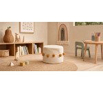 Pouf Manua en coton beige avec pompons moutarde Ø 40 cm