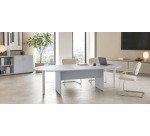 Tavolo riunioni ovale con gambe a pannello e gambe in metallo a supporto