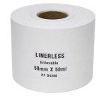 Étiquettes adhésives Linerless thermiques – Largeur 58 mm – Rouleau de 50 m – Mandrin Ø 25 mm