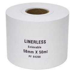 Étiquettes adhésives Linerless thermiques – Largeur 58 mm – Rouleau de 50 m – Mandrin Ø 25 mm