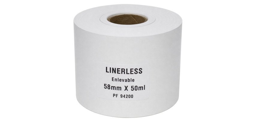 Thermische linerless zelfklevende etiketten – Breedte 58 mm – Rol van 50 m – Kern Ø 25 mm