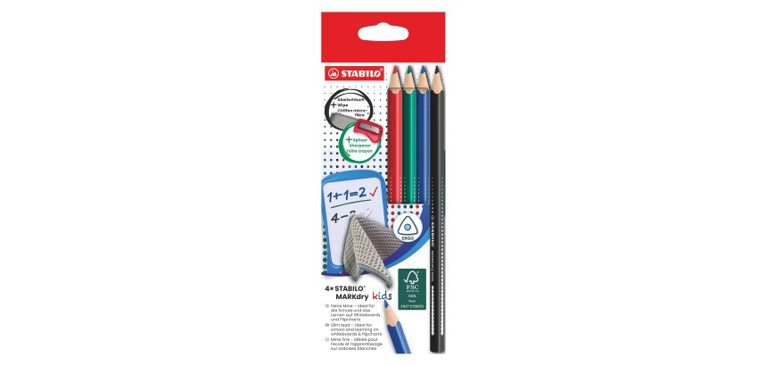 Crayon marqueur effaçable à sec Stabilo Markdry Kids - Etui de 4