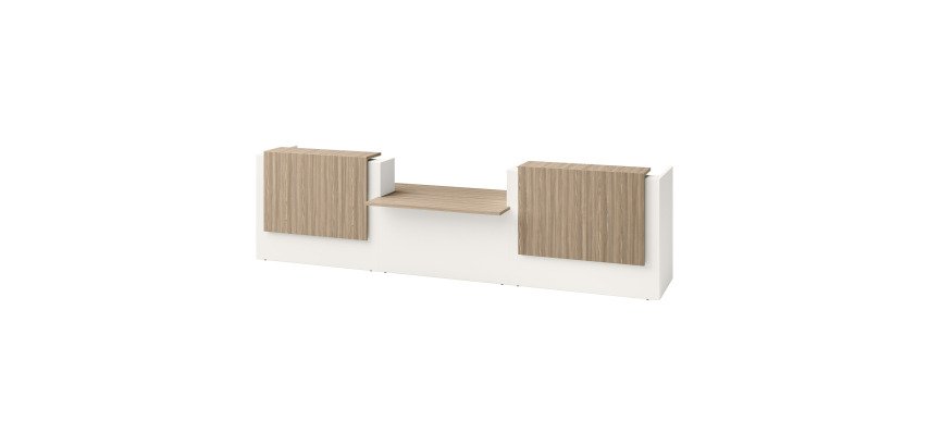 Banque droite Jana L 426 cm PMR central structure blanc / tablier et plateau orme