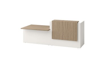 Banque d'accueil droite Jana L 286 cm avec module PMR à gauche structure pied blanc / plateau orme / top orme