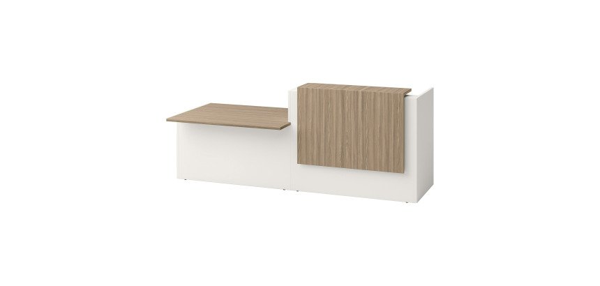 Rezeptionstheke gerade Jana L 286 cm mit PMR-Modul links, Struktur weißer Fuß / Platte Ulme / Top Ulme