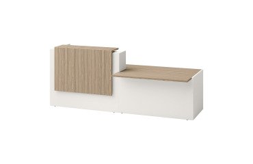 Banque d'accueil droite Jana L 286 cm avec module PMR à droite structure pied blanc / plateau orme / top orme