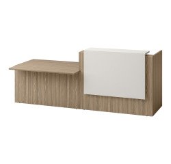 Receptiebalie rechts Jana L 286 cm met PMR-module links structuur voethout iep / blad iep / top wit