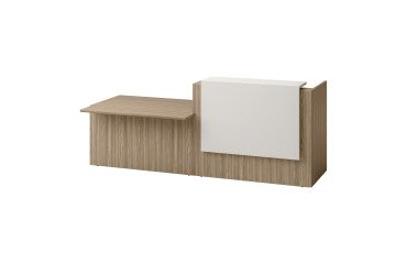 Banque d'accueil droite Jana L 286 cm avec module PMR à gauche structure pied orme / plateau orme / top blanc