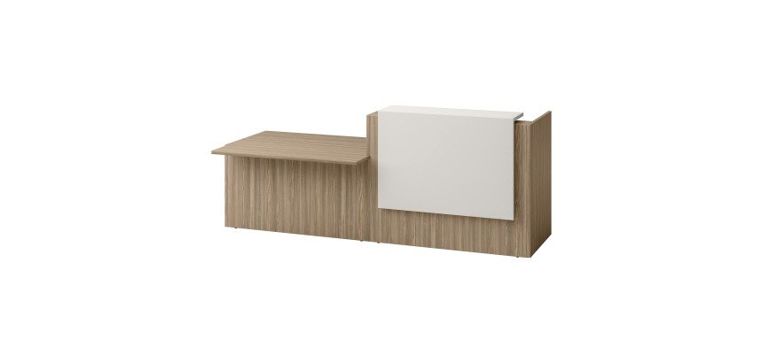 Rezeptionstheke rechts Jana L 286 cm mit PMR-Modul links Struktur Fuß Ulme / Platte Ulme / Top Weiß