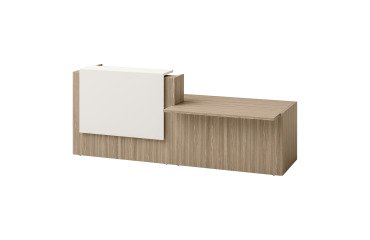 Banque d'accueil droite Jana L 286 cm avec module PMR à droite structure pied orme / plateau orme / top blanc
