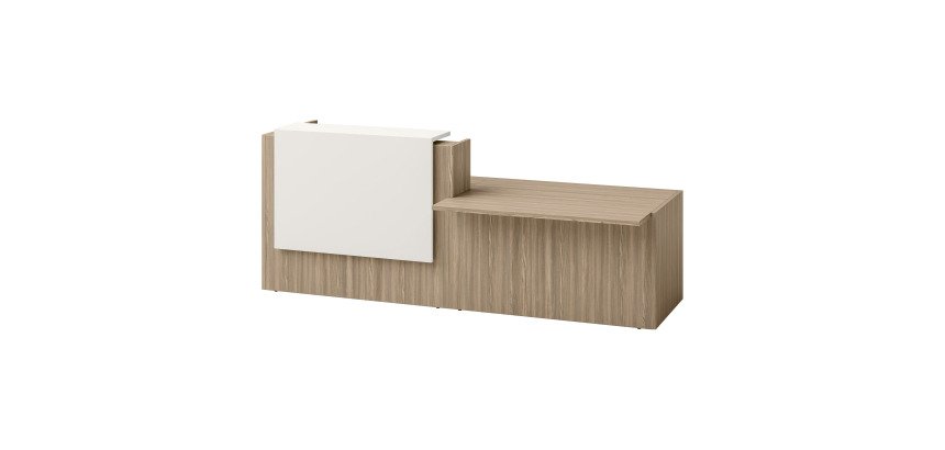 Right reception desk Jana L 286 cm with PRM module on the right, elm leg structure / elm top / white top