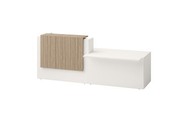 Banque d'accueil droite Jana L 286 cm avec module PMR à droite structure pied blanc / plateau blanc / top orme