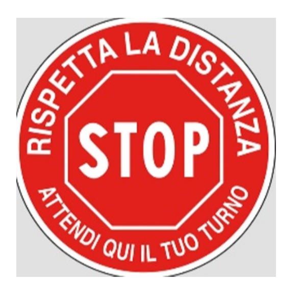 ADESIVO BIANCO DIAMETRO CM 20 - CARTELLO STOP RISPETTA LA DISTANZA ATTENDI  QUI IL TUO TURNO (SEGNALETICA PER PAVIMENTO CON TRATTAMENTO su