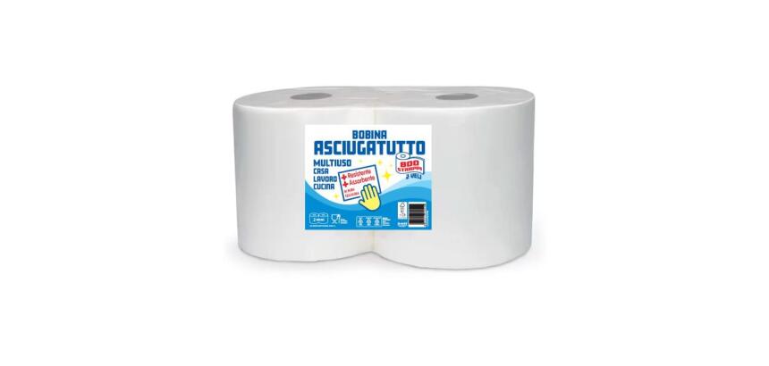 BOBINA ASCIUGATUTTO - 2 ROTOLI - CARTA 2 VELI - 800 STRAPPI