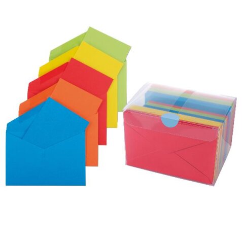 CONFEZIONE 100 BUSTE CON BIGLIETTO MIX 5 COLORI FORTI                 FORMATO 4 (75 X 112 MM)- GRAMMI 100/225