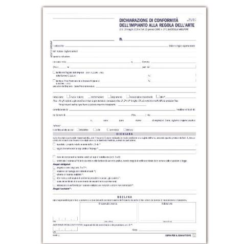 DICHIARAZIONE DI CONFORMITÀ DELL IMPIANTO ALLA REGOLA DELL ARTE  SNAP OUT A 5 COPIE AUTORICALCANTI (50 SCHEDE)