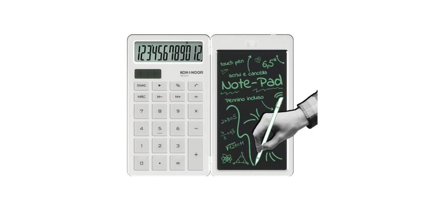 Calcolatrice tascabile 12 cifre con NOTE PAD LCD per scrivere e cancellare appunti. Solare  con pennino e cancellazione one-touch.