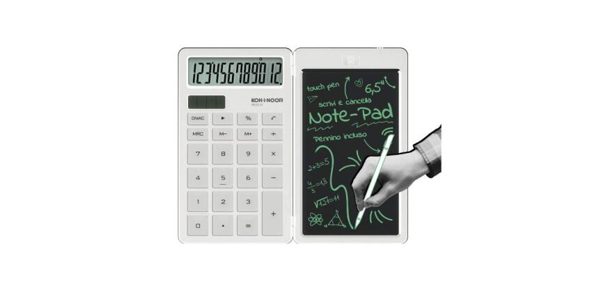 Calcolatrice tascabile 12 cifre con NOTE PAD LCD per scrivere e cancellare appunti. Solare  con pennino e cancellazione one-touch.