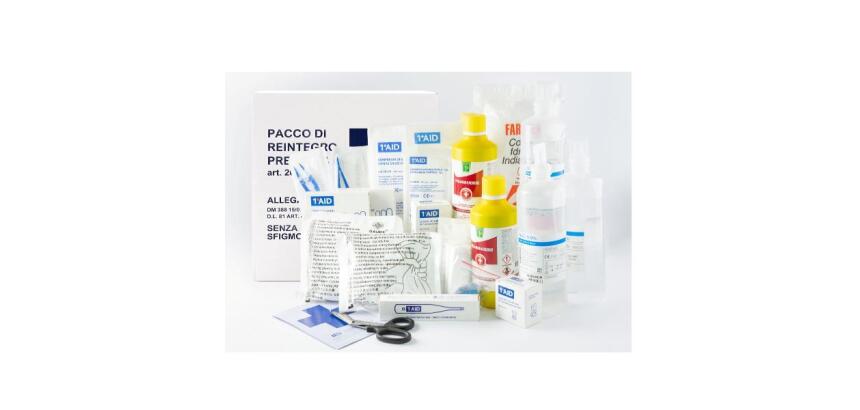 Pacco medicazione per cassette pronto soccorso con contenuto base a norma del DM 388 15/07/03 allegato 1 e D.L. 81 del 09/04/08 art.45