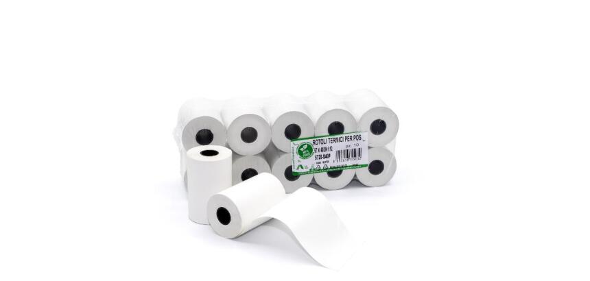 Rotolo per POS e carte di credito - carta termica BPA free - 57 mm x 20 mt - 48 g/m2 - diametro esterno 40 mm - anima 12 mm - Rotolificio Pugliese - blister 10 pezzi