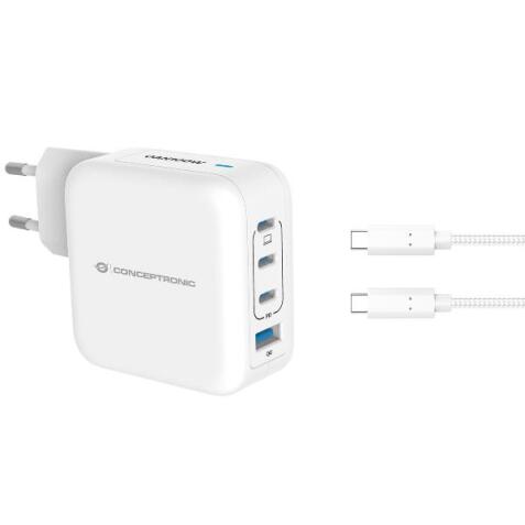 CARICATORE PD USB 4-PORTE 100W GaN con cavo di ricarica USB-C, (3x USB-C, 1x USB-A, QC 3.0, PPS) - BIANCO