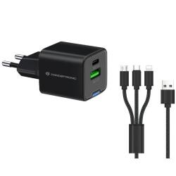 CARICATORE PD USB GaN 2-PORTE da 33W con cavo di ricarica 3 in 1, (1x USB-C, 1x USB-A, QC 3.0, PPS) - NERO