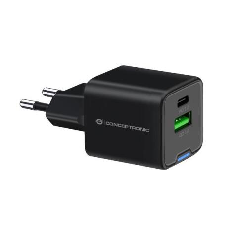 CARICATORE PD USB 2-PORTE 20W GaN (1x USB-C, 1x USB-A, QC 3.0, PPS) - NERO