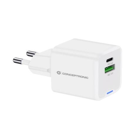 CARICATORE PD USB 2-PORTE 20W GaN (1x USB-C, 1x USB-A, QC 3.0, PPS) - BIANCO