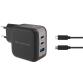 CARICATORE PD USB GaN 3-PORTE da 67 W con cavo di ricarica USB-C, (2x USB-C, 1x USB-A, QC 3.0, PPS) - NERO