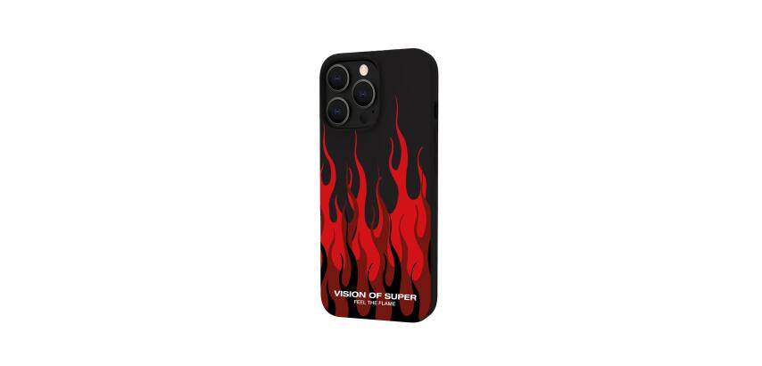 VISION OF SUPER - Cover in TPU con finitura soft touch colore nero con fiamme rosse compatibile con Apple iPhone 14 Pro [VOS COLLECTION]