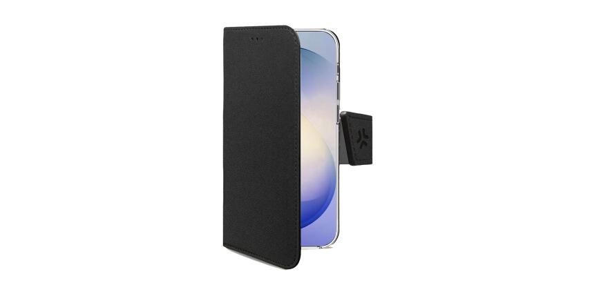 WALLY - Custodia a libro in pelle sintetica con chiusura flap magnetico, slot per carte e funzione stand colore nero compatibile con Samsung Galaxy S26 FE 5G